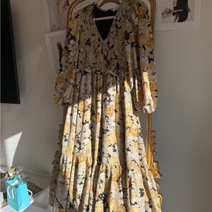 Moodie Yellow and Black Floral Long Sleeve Dress
